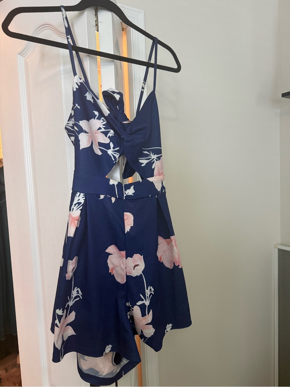 Navy Floral Cutout Romper with Pink Blooms